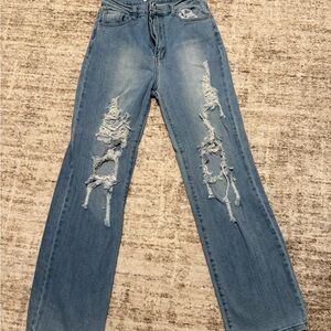 Vibrant Light Blue Distressed Flare Jeans